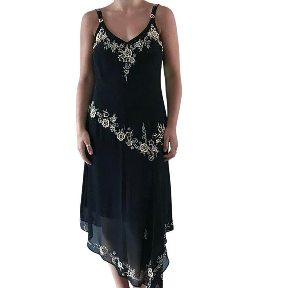 R&M Richards Women's Black Floral Embroidery Asymmetric sequinDress Size 14